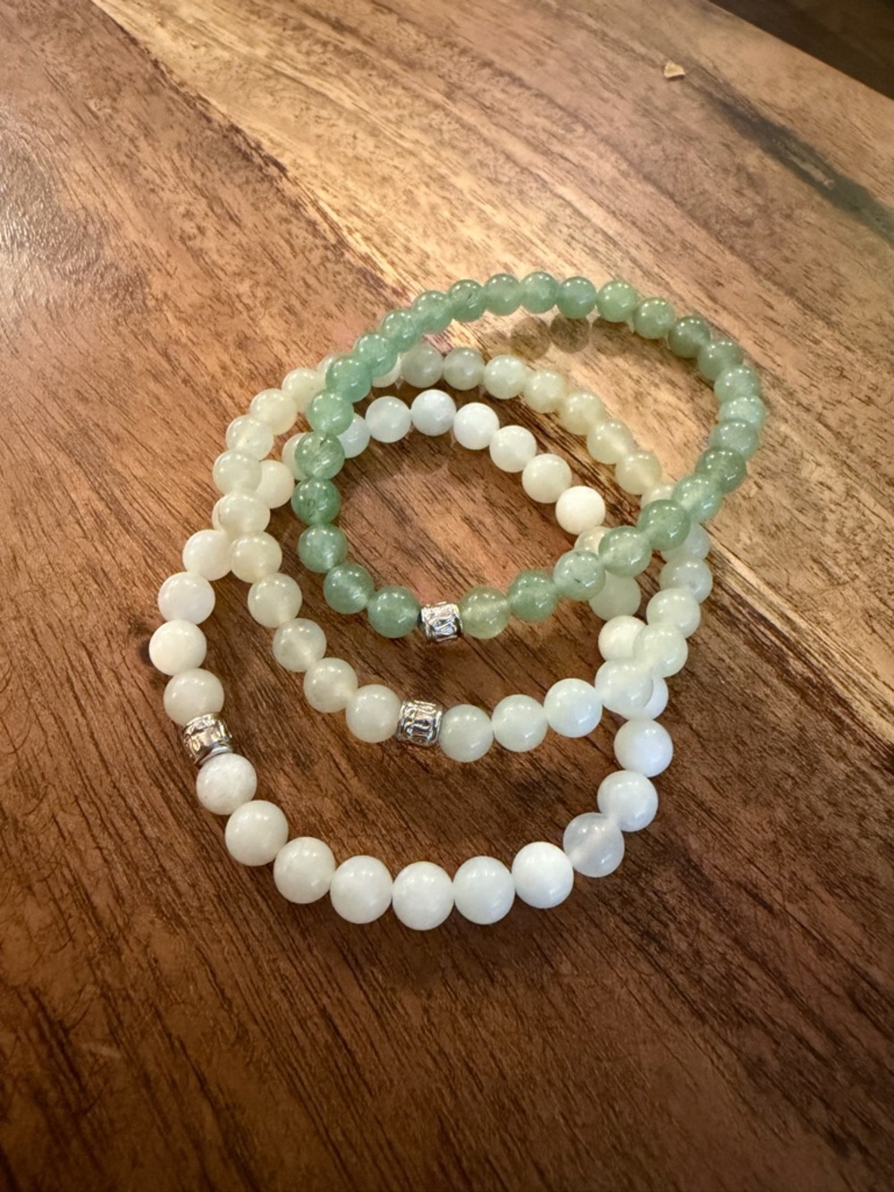 Green and White Beaded Stretch Bracelet Set - Unbranded